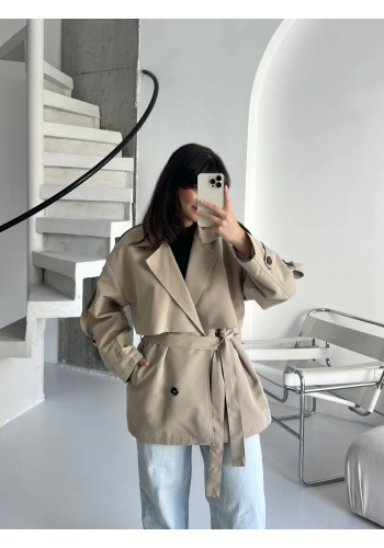 Pullaps Premium Seri Lüx Poliviskon Oversize Trençkot Bej