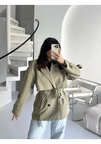 Pullaps Premium Seri Lüx Poliviskon Oversize Trençkot Haki