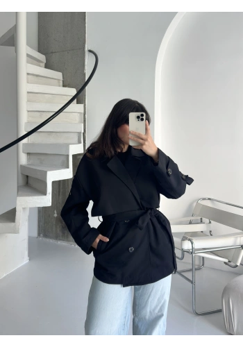 Pullaps Premium Seri Lüx Poliviskon Oversize Trençkot Siyah