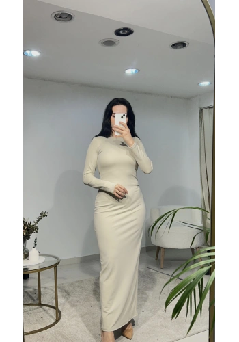 Pullaps Sıfır Yaka Uzun Kollu Düz Elbise Krem