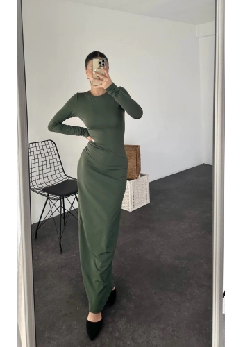 Pullaps Sıfır Yaka Uzun Kollu Düz Elbise Haki