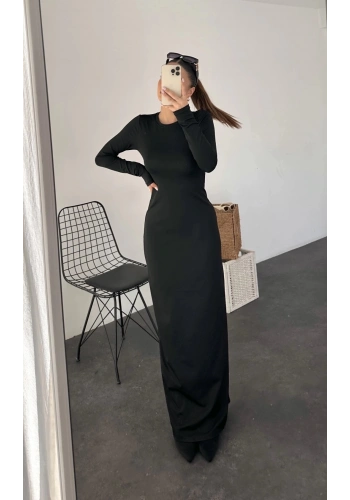 Pullaps Sıfır Yaka Uzun Kollu Düz Elbise Siyah