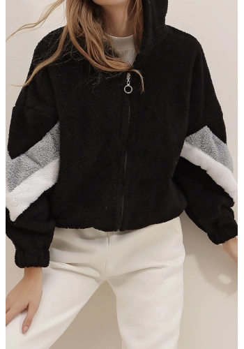 Pullaps Siyah Kapüşonlu Fermuarlı Kolları Renk Bloklu Oversize Peluş Sweatshirt