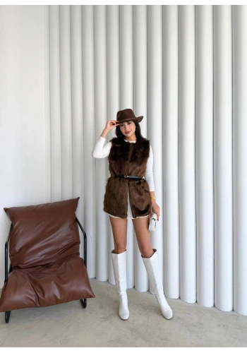 Pullaps Suni Kürk Yelek Kahve