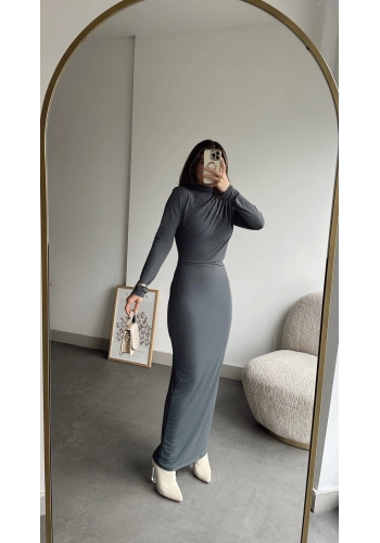 Pullaps Yandan Ve Omuzdan Büzgülü Elbise Gri