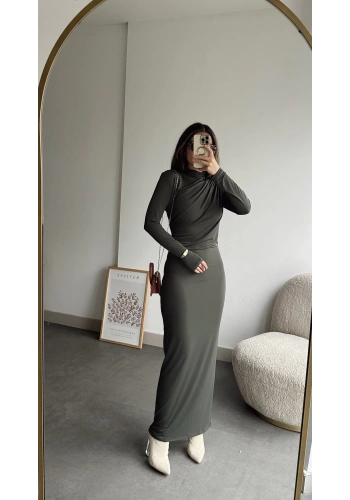 Pullaps Yandan Ve Omuzdan Büzgülü Elbise Haki