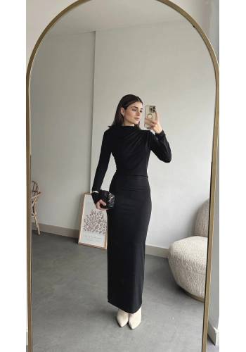 Pullaps Yandan Ve Omuzdan Büzgülü Elbise Siyah