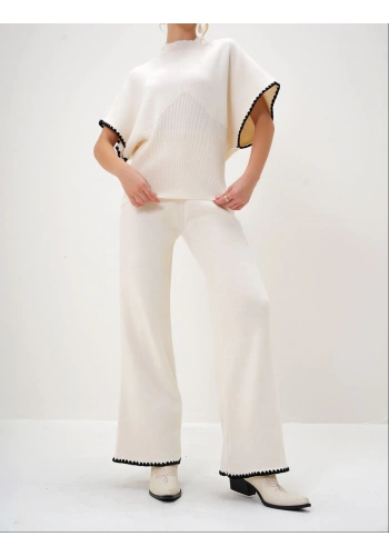 Pullaps Yarım Balıkçı Bluz Ve Palazzo Pantolon Takım Ekru