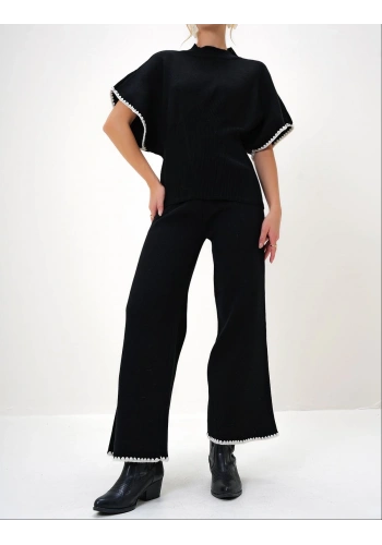 Pullaps Yarım Balıkçı Bluz Ve Palazzo Pantolon Takım Siyah