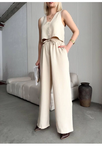 Pullaps Yelek Pantolon Keten İkili Takım Bej