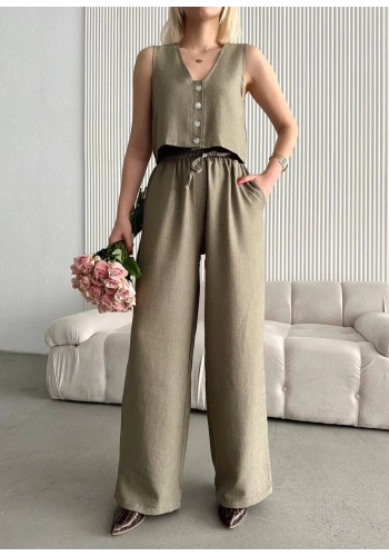 Pullaps Yelek Pantolon Keten İkili Takım Haki