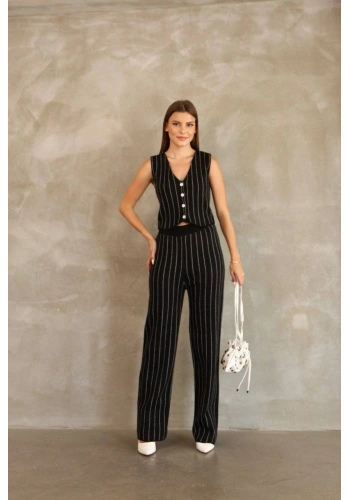 Pullaps Yelekli Çizgili Triko Takım Siyah