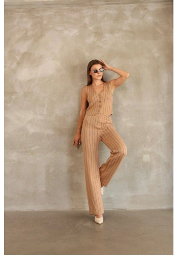 Pullaps Yelekli Çizgili Triko Takım Vizon