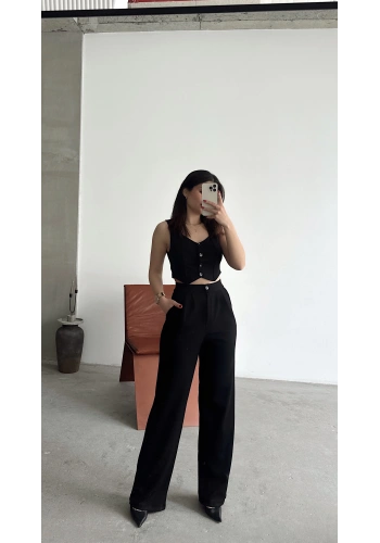 Pullaps Yelekli Palazzo Pantolonlu Likralı Takım