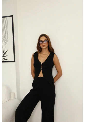 Pullaps Yelekli İki Düğmeli Triko Takım Siyah