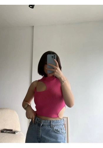 Pullaps Zincir Detaylı Triko Crop Pembe