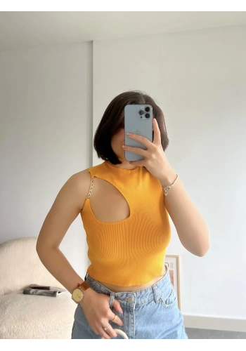 Pullaps Zincir Detaylı Triko Crop Sarı