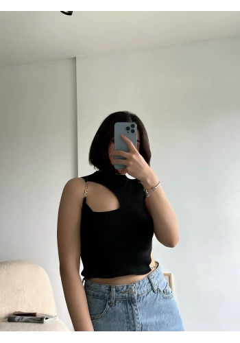 Pullaps Zincir Detaylı Triko Crop Siyah