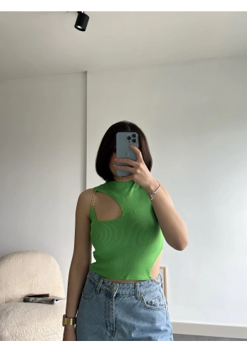 Pullaps Zincir Detaylı Triko Crop Yeşil