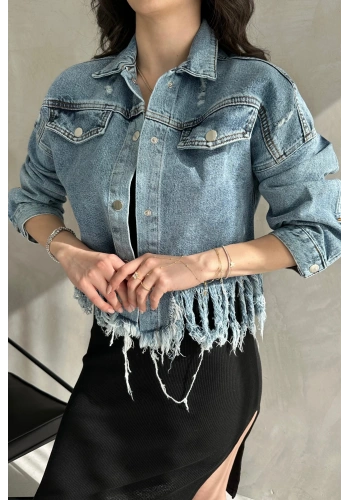 Püskül Detaylı Denim Crop Ceket
