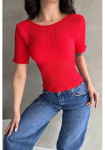 Sırt Dekolteli Basic Gofre Bluz