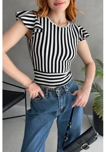Sırtı Fiyonk Bağlamalı Çizgi Detaylı Crop Bluz