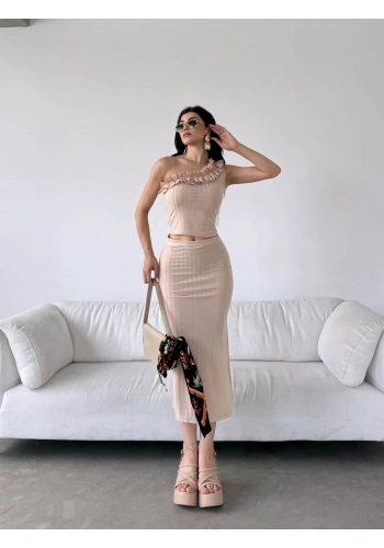 Tek Omuz Fırfır Detaylı Etek Ve Bluz Alt Üst Takım