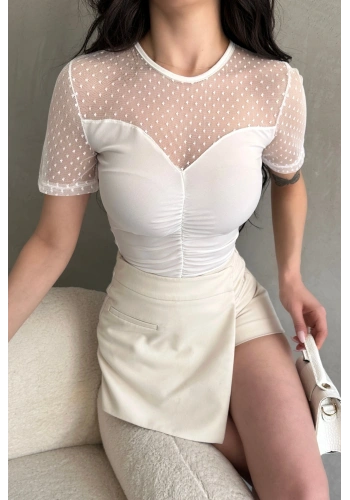 Tül Detaylı Önü Büzgülü Crep Bluz