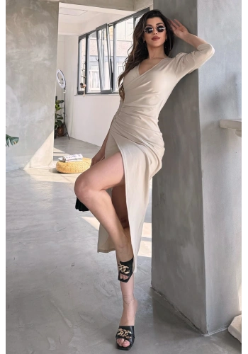 V Yaka Anvelop Etek Midi Boy Dalgıç Elbise