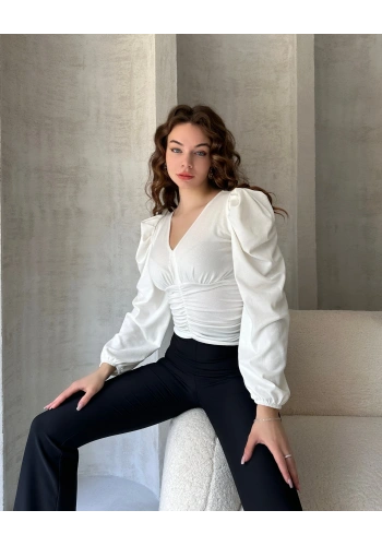 V Yaka Drape Detaylı Crep Bluz