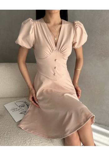 V Yaka Düğme Detaylı Karpuz Kol Crep Elbise