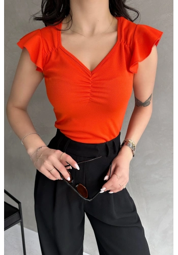 V Yaka Omuzu Volan Detaylı Crep Bluz
