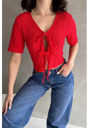 V Yaka Önü Bağlamalı Gofre Crop Bluz