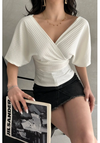 V Yaka Sırtı Çapraz Bantlı Fitilli Bluz