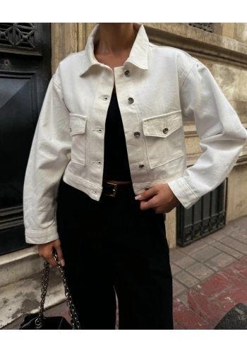 Pullaps Çift Cep Denim Crop Ceket Beyaz