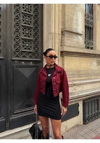 Pullaps Çift Cep Denim Crop Ceket Bordo