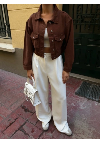 Pullaps Çift Cep Denim Crop Ceket Kahve