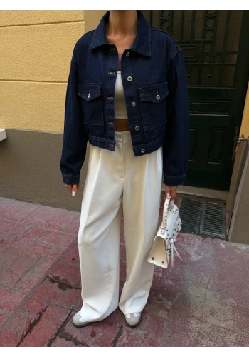 Pullaps Çift Cep Denim Crop Ceket Lacivert