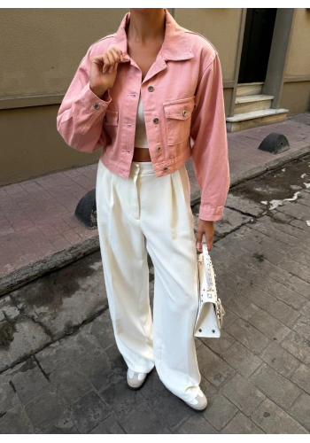 Pullaps Çift Cep Denim Crop Ceket Pudra