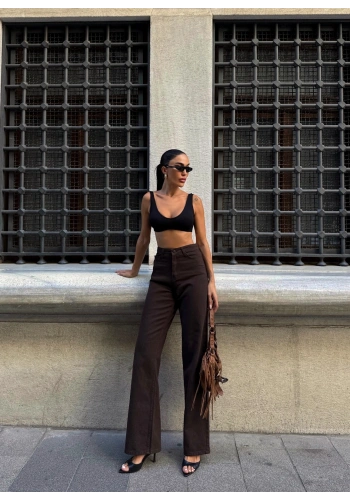 Pullaps Yüksek Bel İspanyol Paça Denim Pantolon Kahve