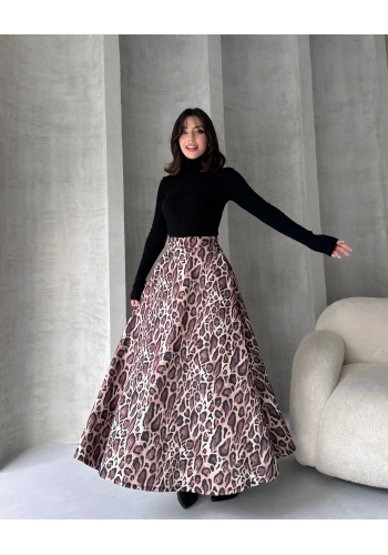 Yüksek Bel Leopar Desenli Çan Etek
