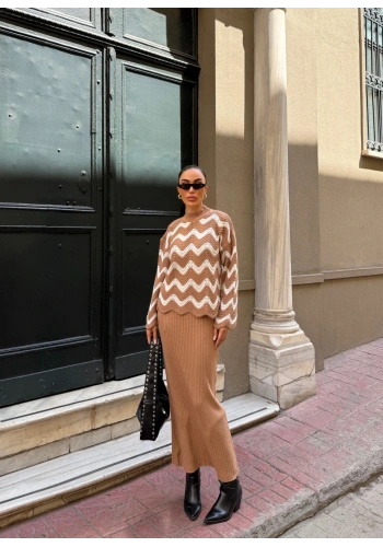 Pullaps Zigzak Desenli Kazak Ve Elbise Triko Takım Bisküvi