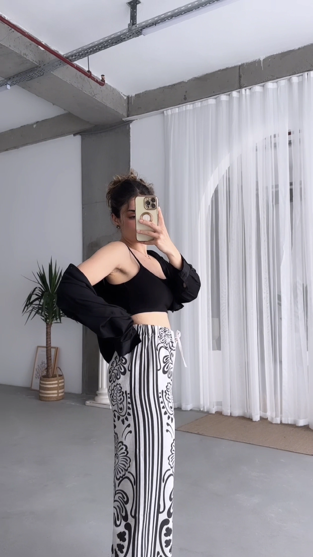 Pullaps Beli Lastikli Desenli Keten Pantolon