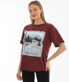 Oversize Baskılı Bordo Tişört