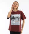 Oversize Baskılı Bordo Tişört