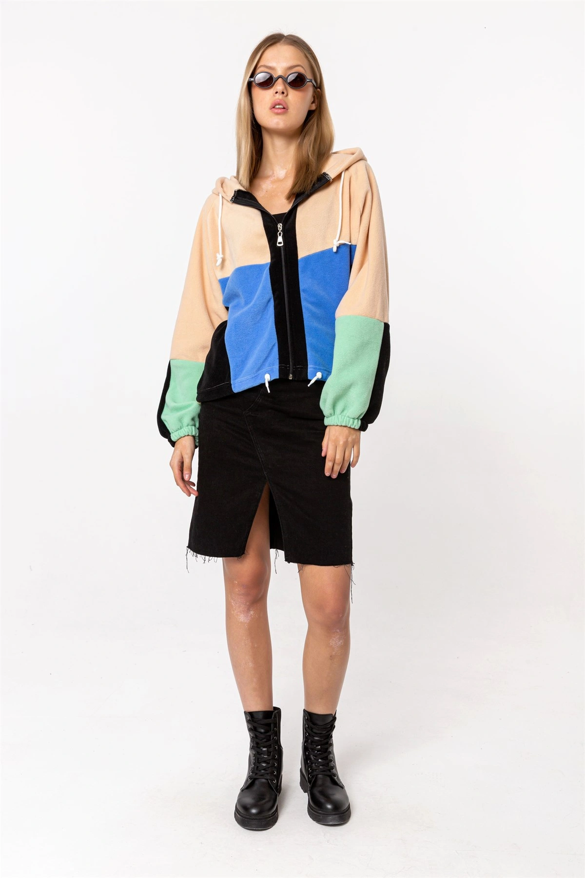 Pullaps Kadın Renkli Fermuarlı Kapişonlu Polar Sweatshirt