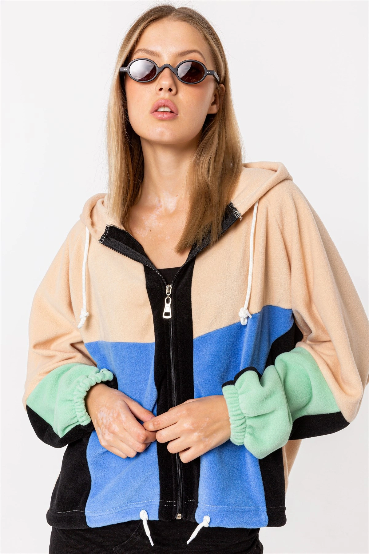 Pullaps Kadın Renkli Fermuarlı Kapişonlu Polar Sweatshirt