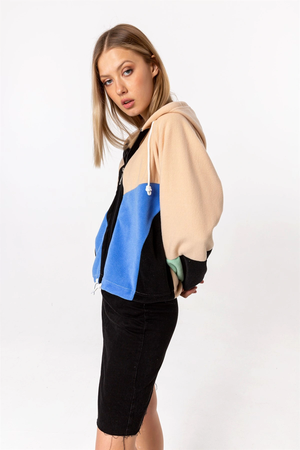 Pullaps Kadın Renkli Fermuarlı Kapişonlu Polar Sweatshirt