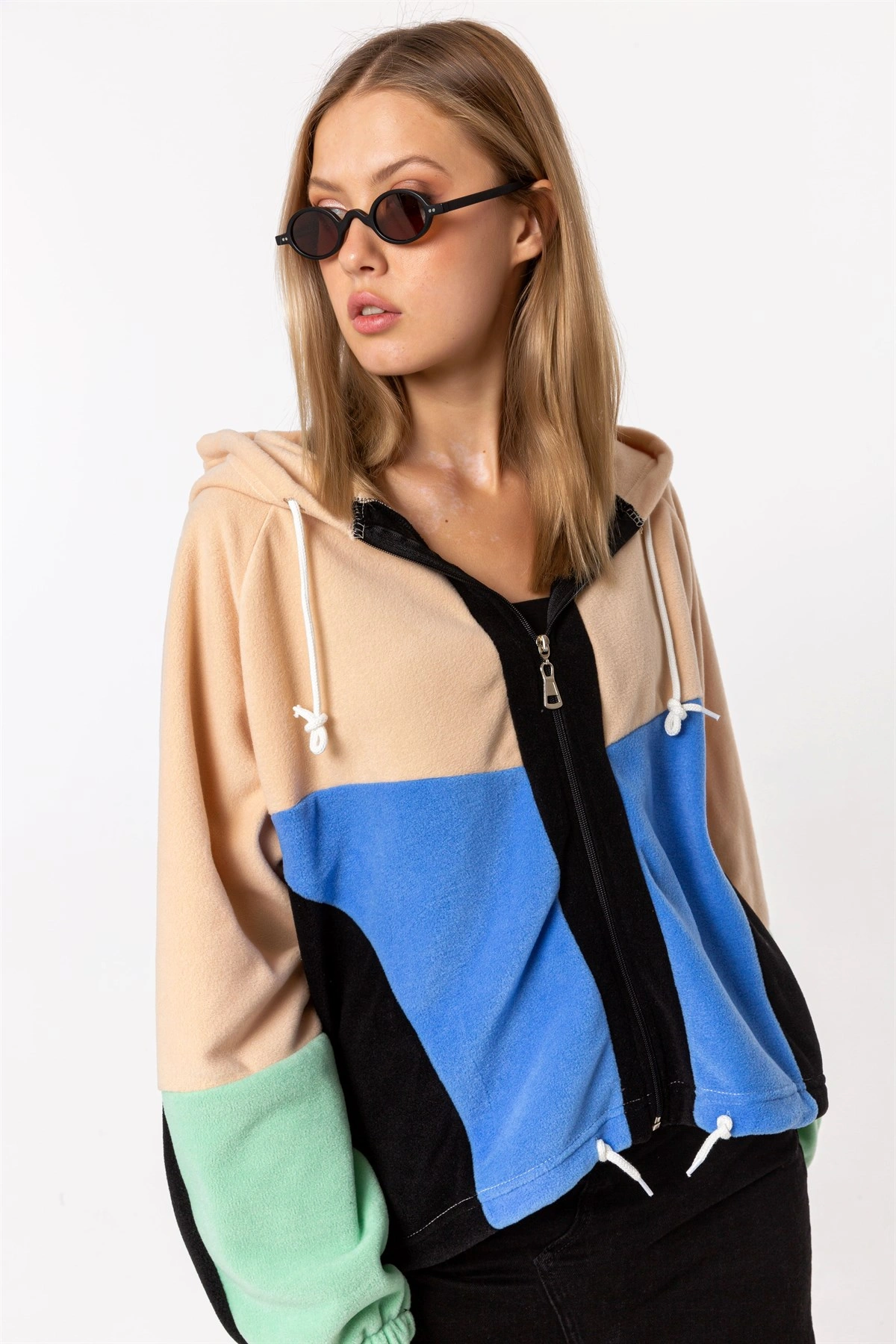 Pullaps Kadın Renkli Fermuarlı Kapişonlu Polar Sweatshirt