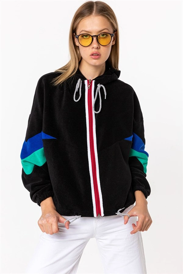 Kadın Siyah Fermuarlı Kapüşonlu Polar Sweatshirt